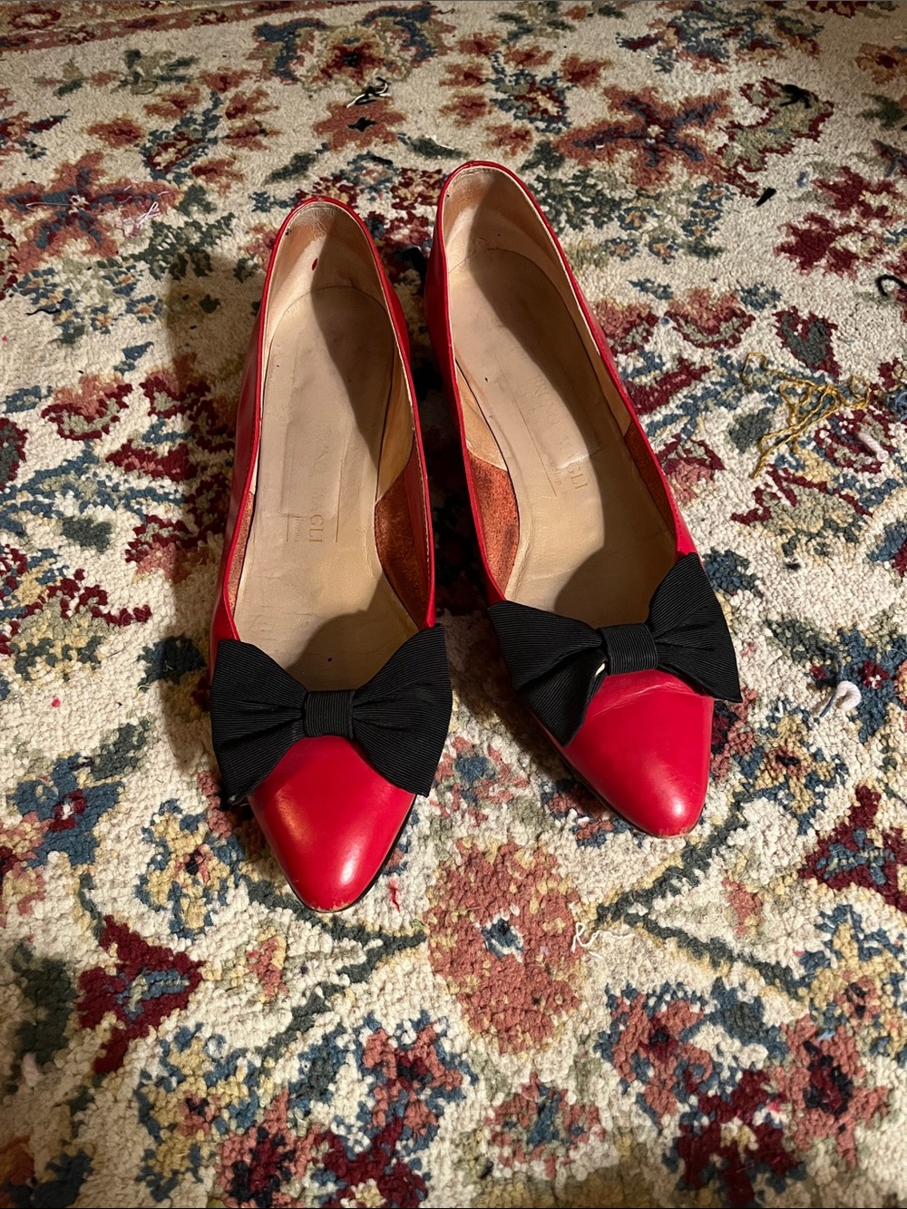 Vintage Bruno Magli Red Pointed-Toe Flats with Black Bow Accent